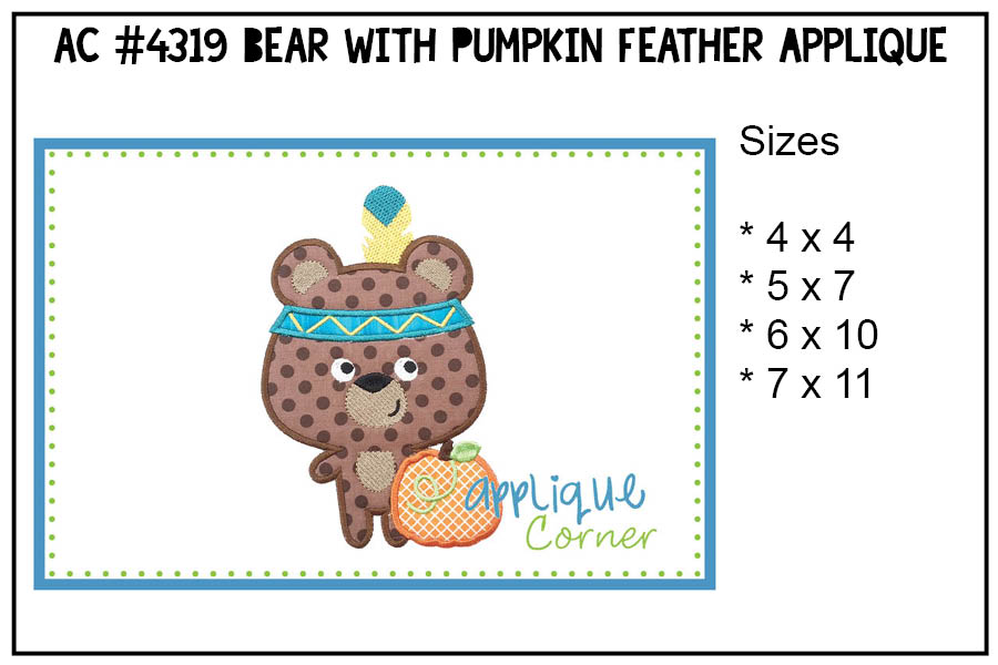 Bear with Pumpkin Feather Applique Design