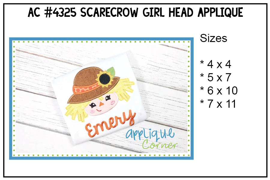 Scarecrow Girl Head Applique Design