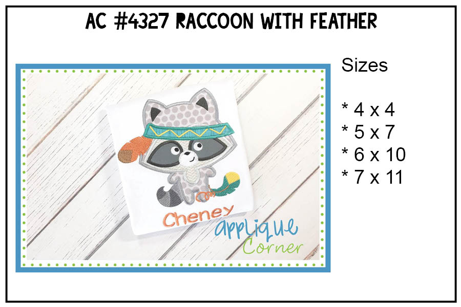 Raccoon with Feathers Applique Design