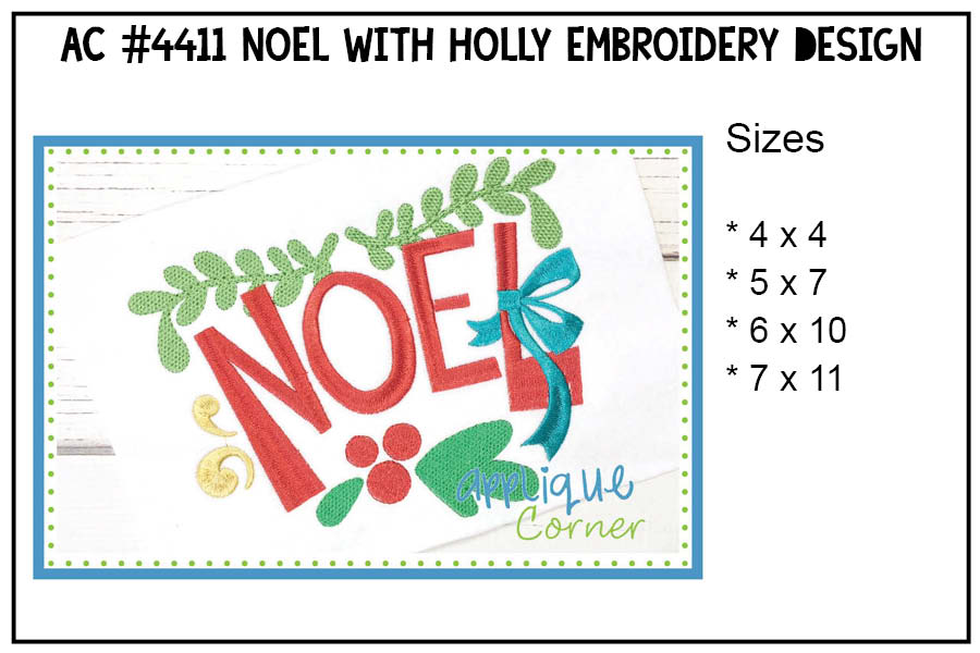 Noel wtih Holly Embroidery Design