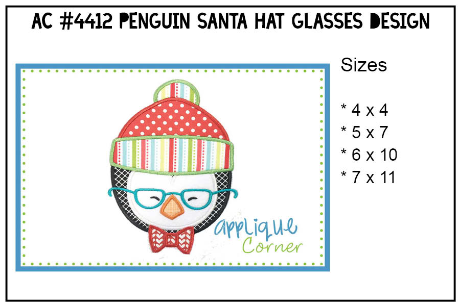 Penguin Santa Hat Glasses Applique Design