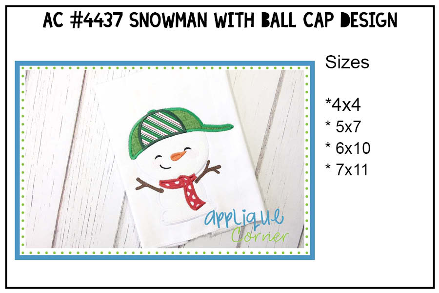 Snowman with Ball Cap Applique Design