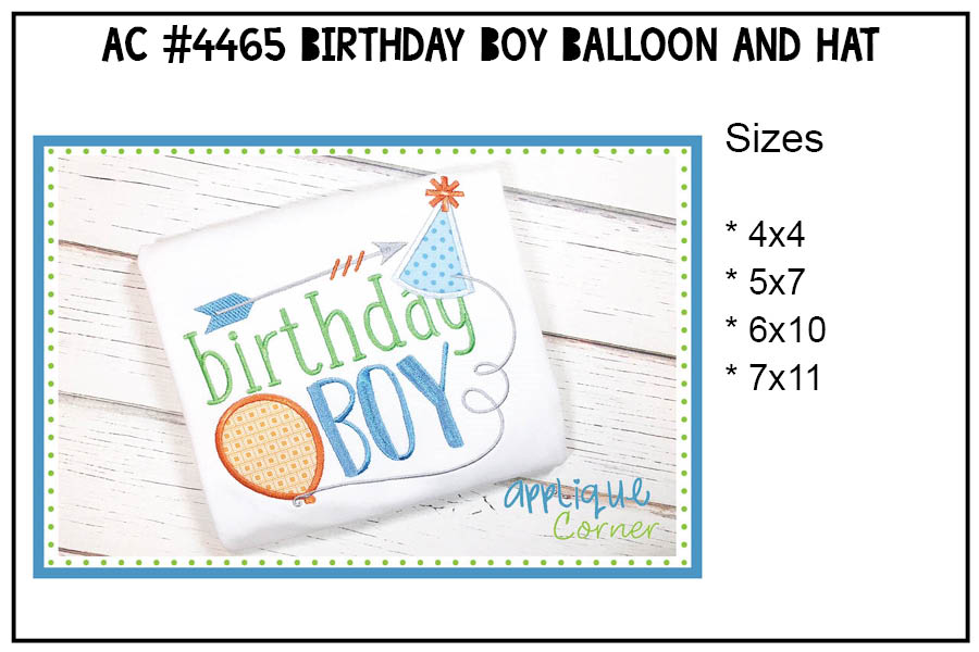 Birthday Boy with Balloon and Hat Applique Design