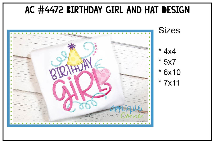 Birthday Girl with Hat Applique Design