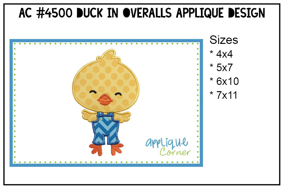 Chick Duck in Overalls Applique Design