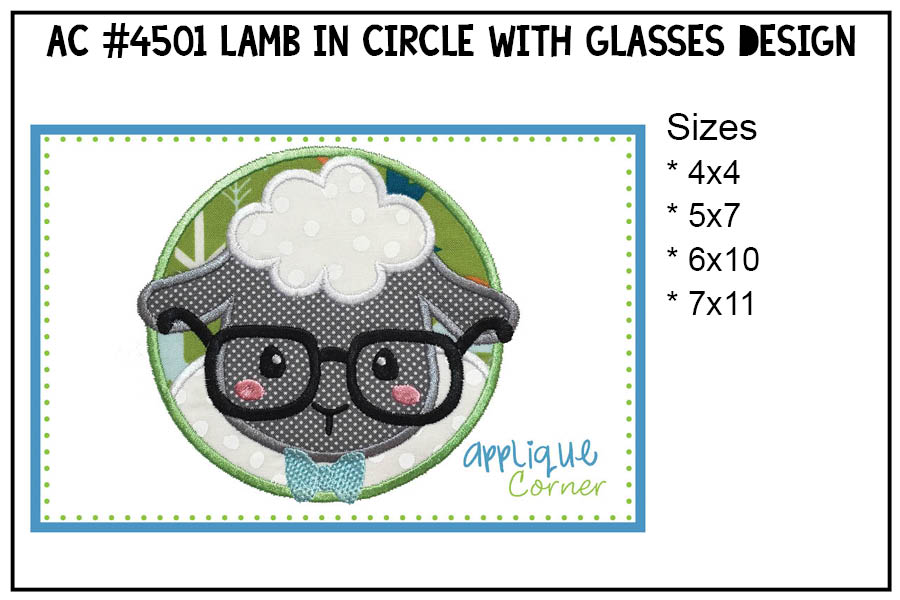 Lamb with Glasses Circle Applique Design