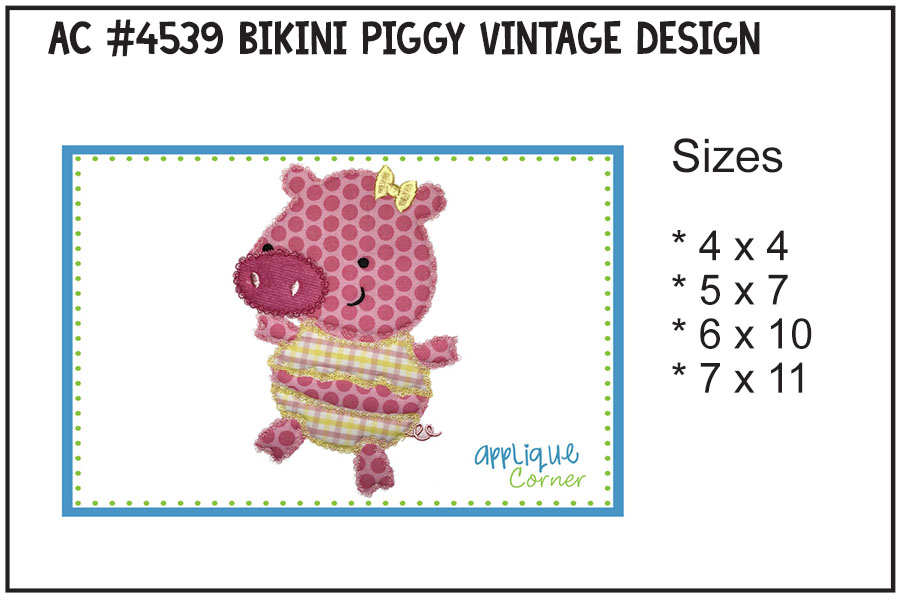 Bikini Piggy Vintage Applique Design