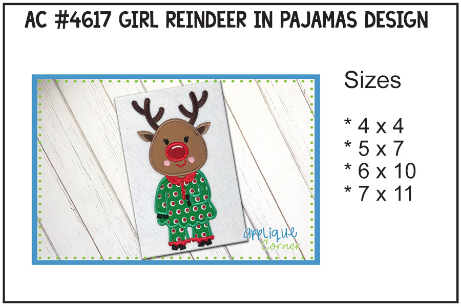 Girl Reindeer in Pajamas Applique Design