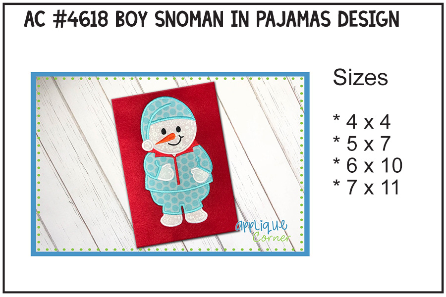 Boy Snowman in Pajamas Applique Design