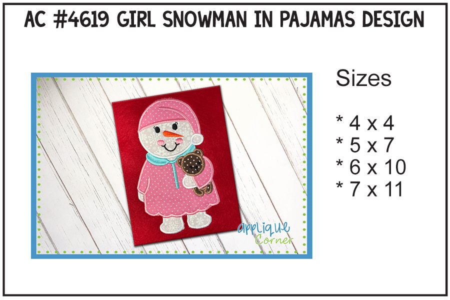 Girl Snowman in Pajamas Applique Design