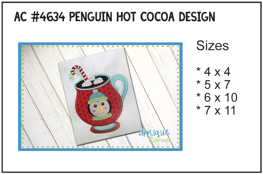 Penguin Hot Cocoa Candy Canes Applique Design