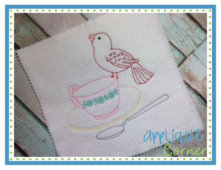 Bird and Tea Cup Single Sketch Embroidery Design