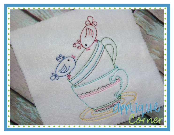 Birds and Tea Cups Sketch Embroidery Design