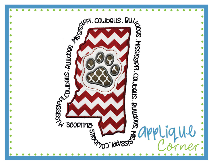 State of Mississippi Silhouette Paw Print Applique Design