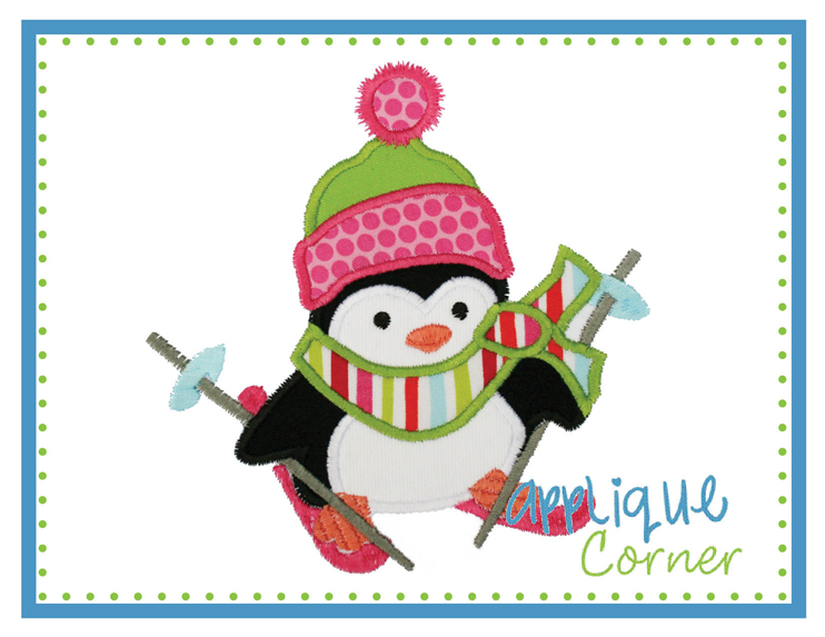 Penguin Skiing Applique Design
