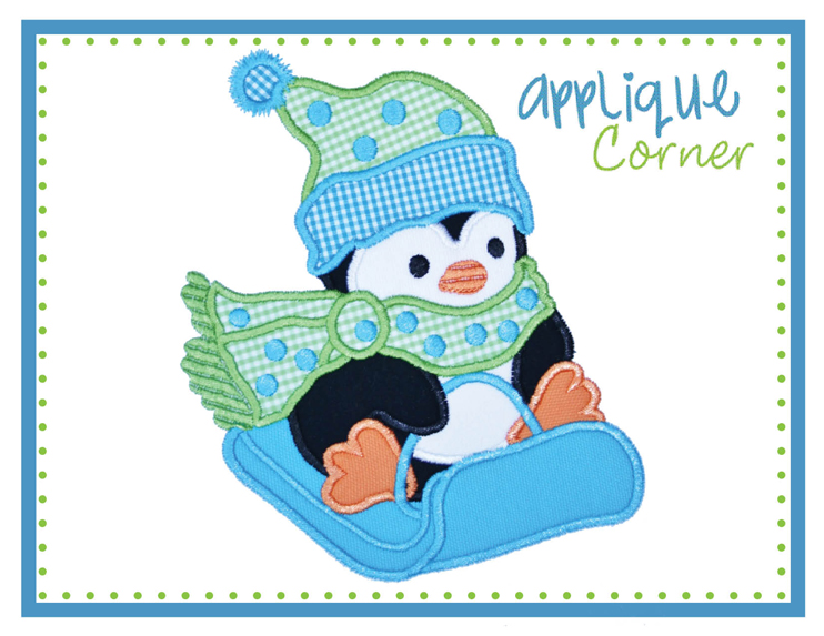 Penguin Sledding Dots Applique Design