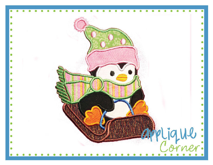 Penguin Sledding Stripes Applique Design