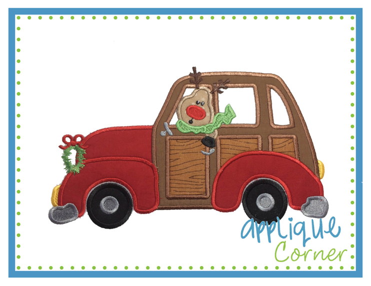 Car Reindeer with Wreath Applique Design