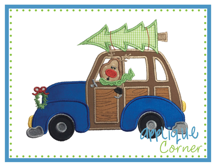 Car Reindeer with Tree Applique Design