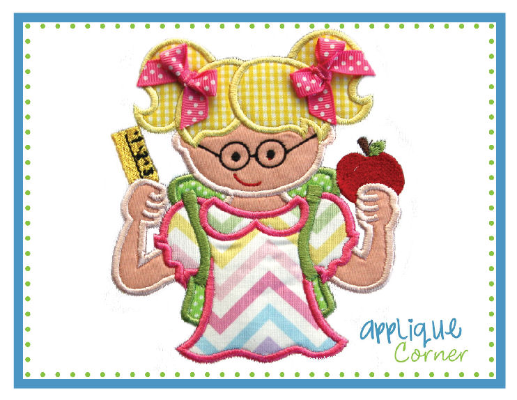 School Girl with Glasses Applique Design