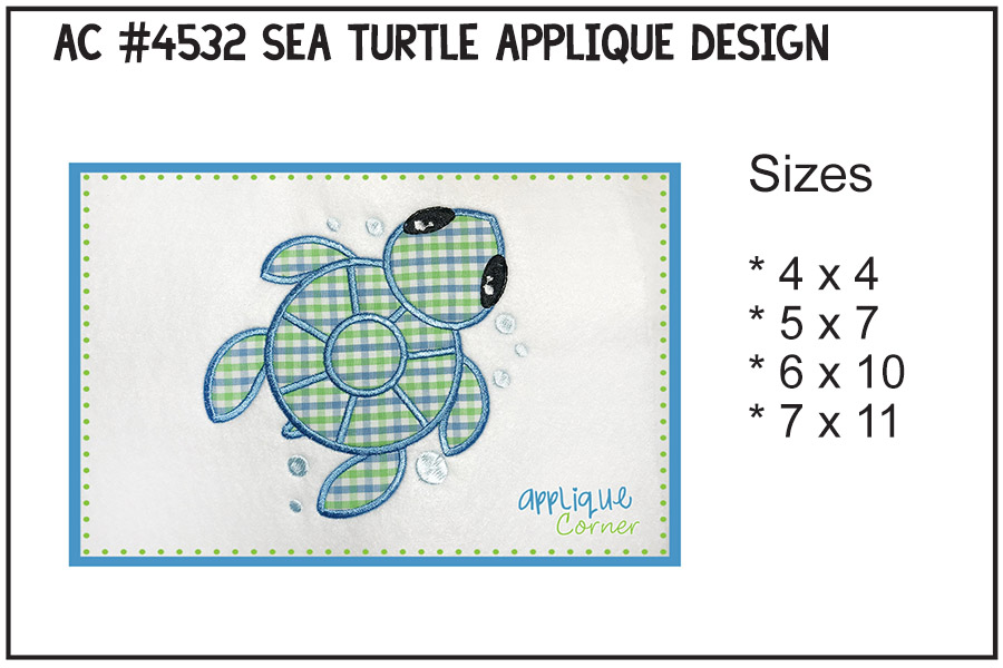 Sea Turtle with Bubbles Applique Design