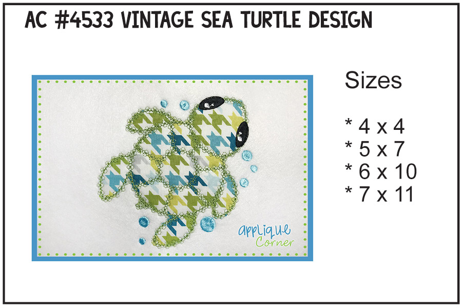 Sea Turtle with Bubbles "Vintage" Applique Design