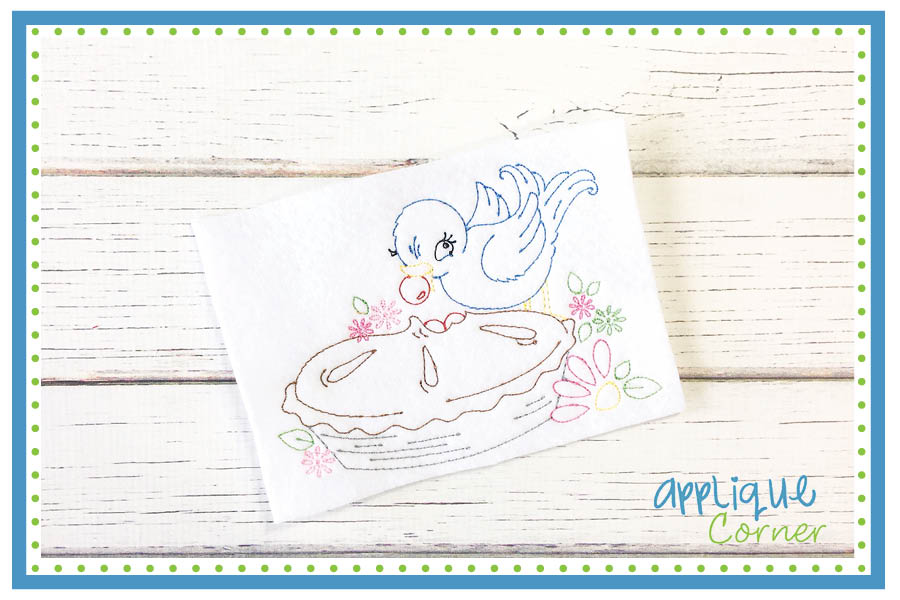 Pie with Bird Sketch Embroidery Design