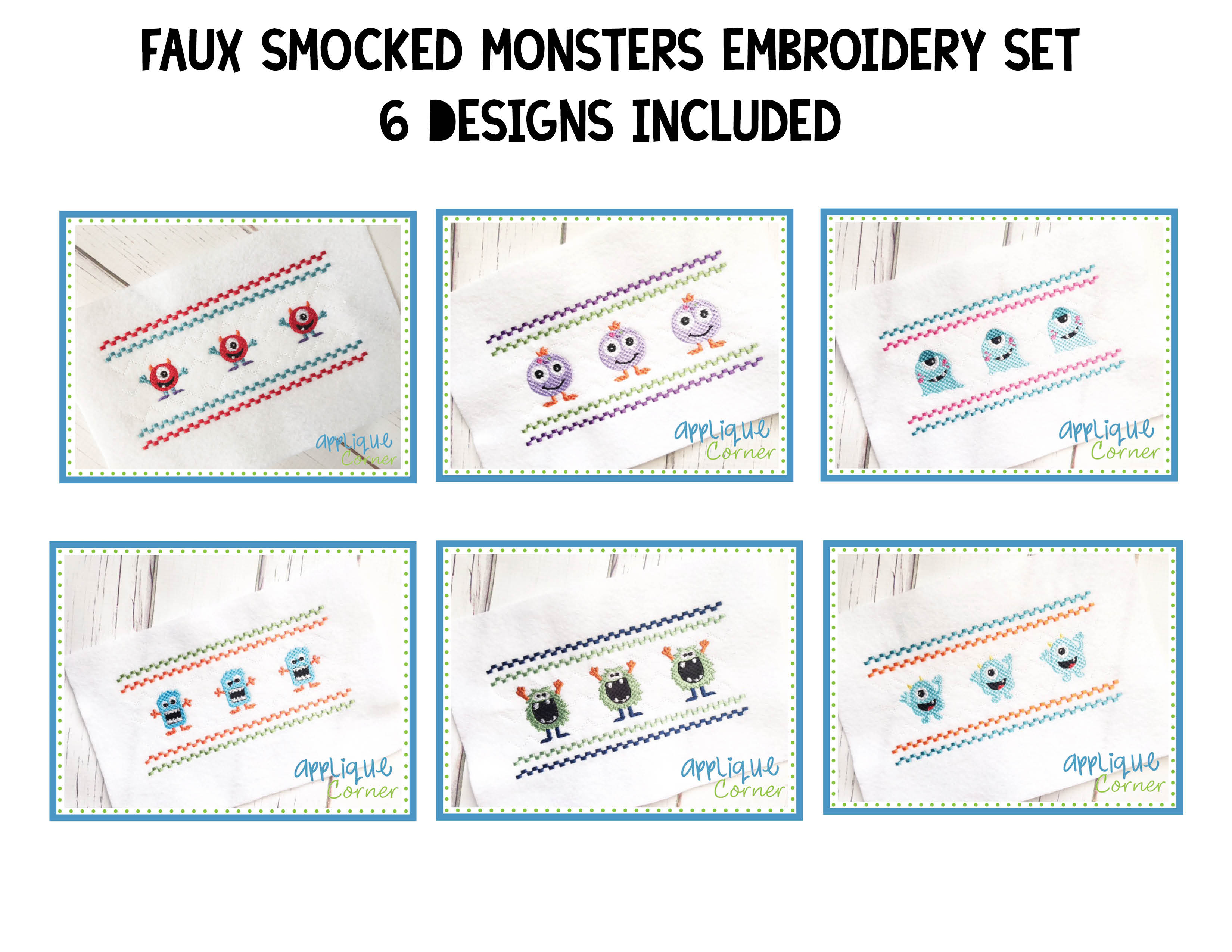 Faux Smocked Monster Set Embroidery Design