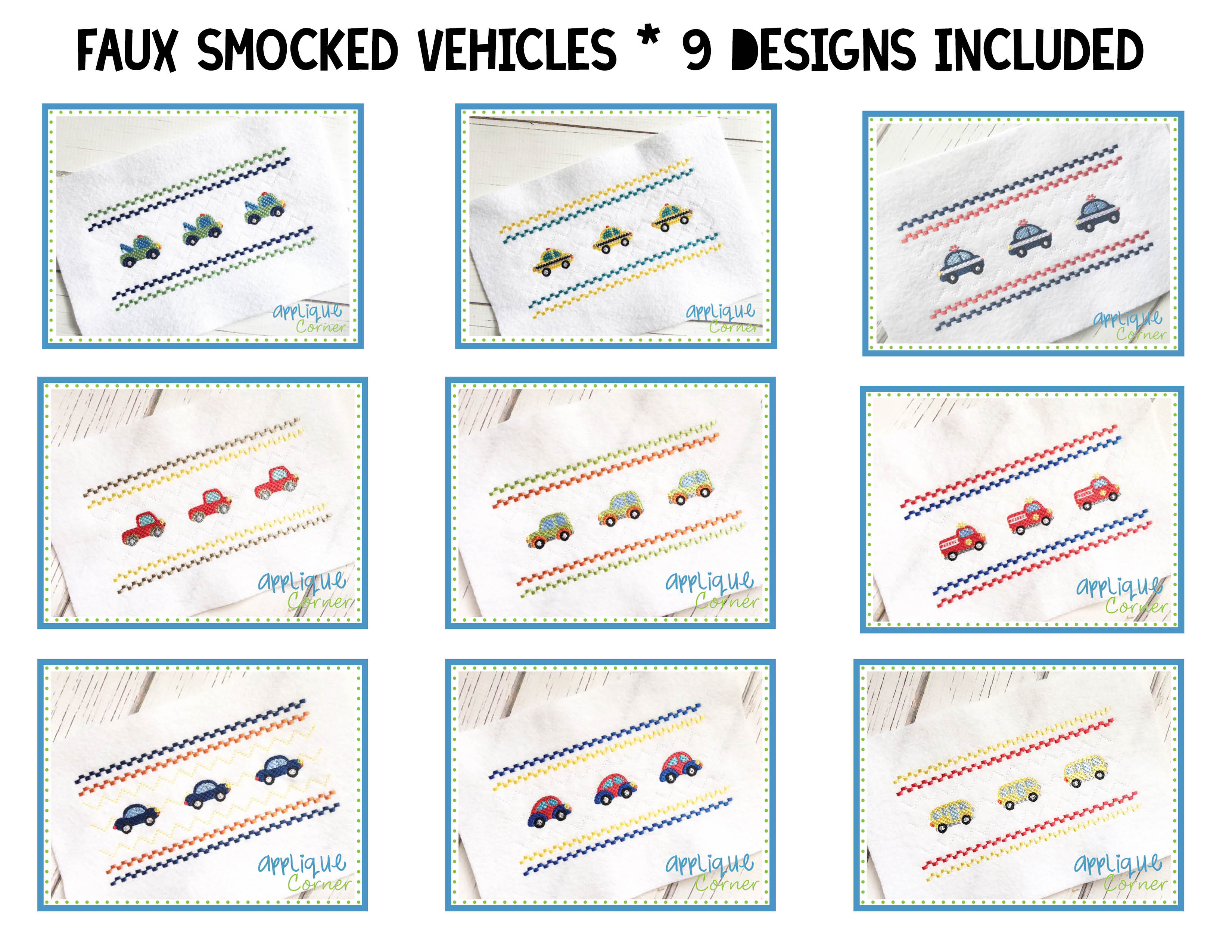 Faux Smocked Cute Vehicles Embroidery Design