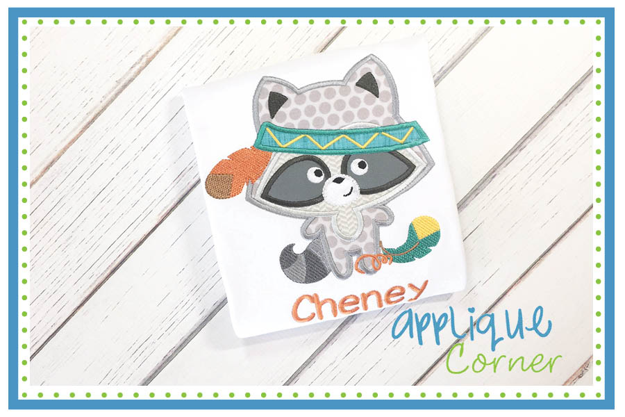 Raccoon with Feathers Applique Design